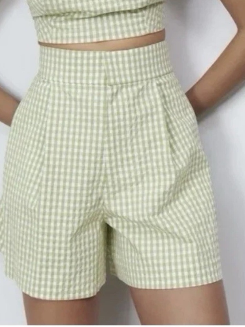Zara Pistachio Green Gingham High-Waisted Bermuda Shorts